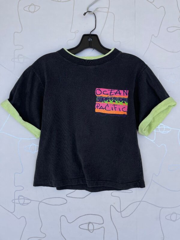 product details: AS IS - RAD SMALL FIT 1990 OP WAVE NEON GRAPHIC T-SHIRT W/ LAYERED COLLAR photo