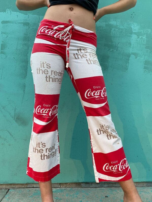 product details: AS-IS AWESOME 1970S CHECKERED COCA COLA DRAWSTRING FLARE COTTON PANTS photo