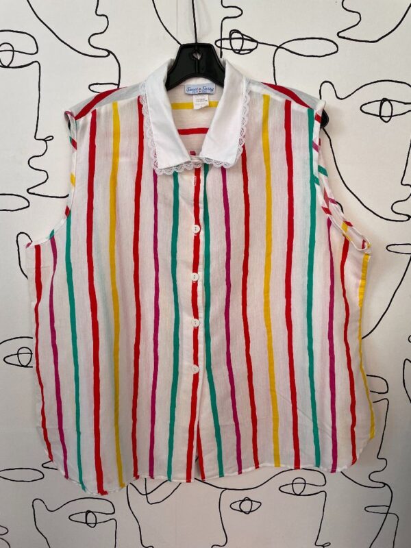 product details: FUN 1980S MULTICOLOR VERTICAL STRIPE COLLARED SLEEVELESS BLOUSE LACE TRIM photo