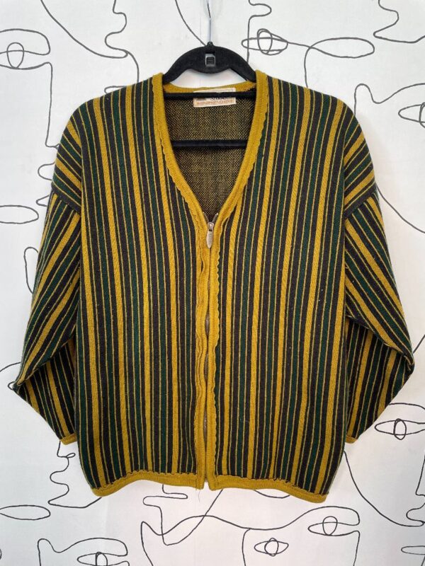 product details: AMAZING 1960S STYLED VERTICAL STRIPE GREEN ZIPUP WOOL BLEND CARDIGAN photo