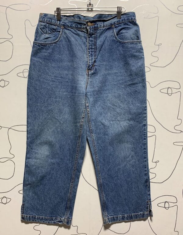 product details: 1980S-90S CROPPED WIDE LEG DENIM JEANS WITH BACK WAIST BUCKLE TIE photo