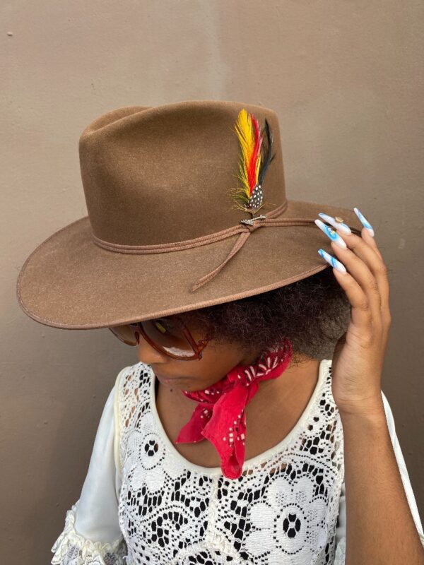 product details: JBS HERITAGE STETSON WIDE BRIM HAT WITH FEATHER & PIN- THE GUN CLUB photo