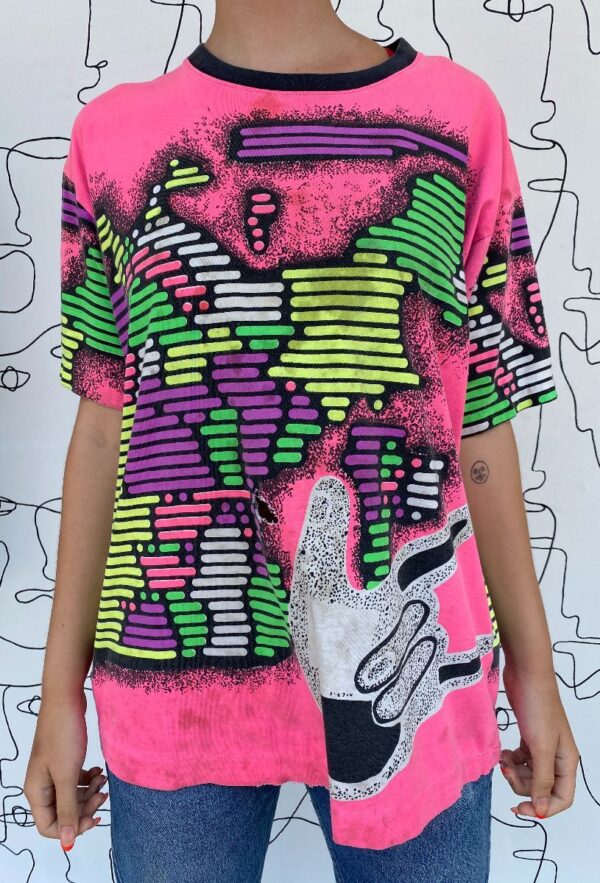 product details: AS IS - NEON ABSTRACT STRIPED & DOTTED HAND SIGN PRINT T-SHIRT photo