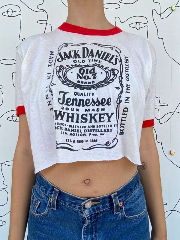 product details: AS IS - SUPER THIN RECONSTRUCTED JACK DANIELS WHISKEY CROPPED RINGER T-SHIRT photo