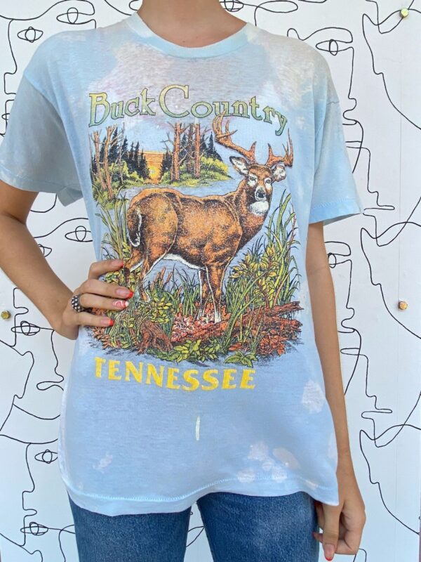 product details: AS IS - SUPER THIN SHEER BLEACHED BUCK COUNTRY TENNESSEE DEER GRAPHIC T-SHIRT photo