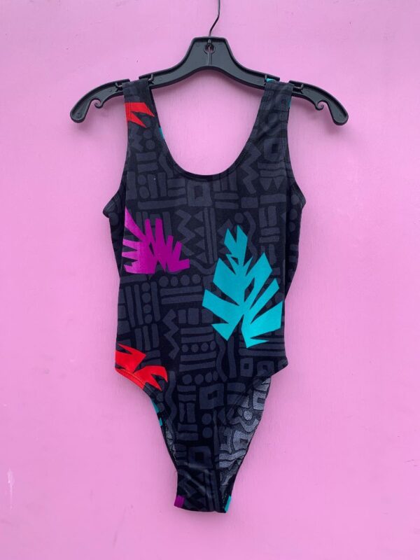 product details: 1980S HIGH CUT ONE PIECE SWIMSUIT TEAL PURPLE TROPICAL LEAF PATTERN photo