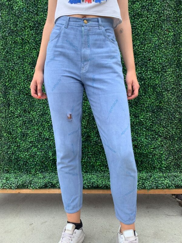 product details: AS IS DYED DENIM PANTS W/ ALLOVER CONFUSION LOGO PRINT photo