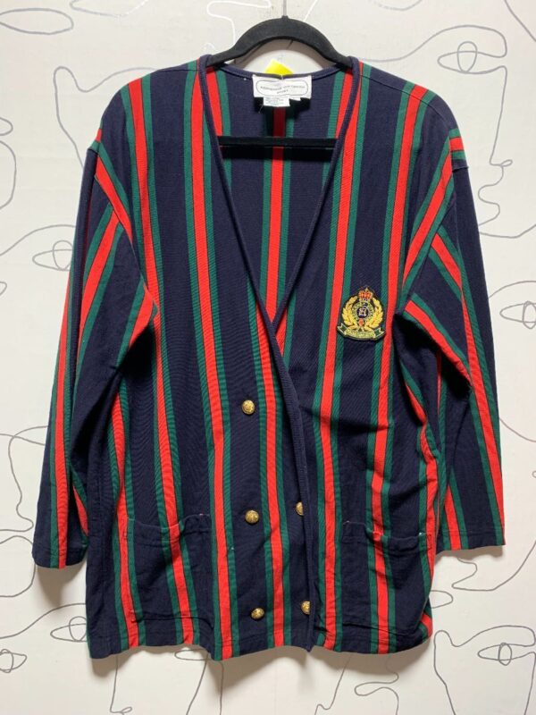 product details: 4-28 100% COTTON STRIPED BUTTON UP CARDIGAN SWEATER W/ OLD EMBLEM PATCH & FRONT POCKETS photo