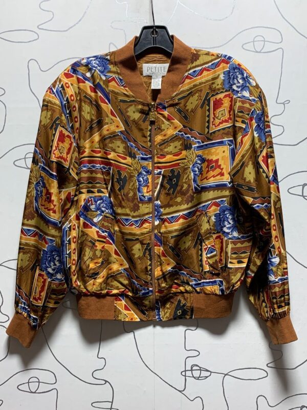 product details: GEOMETRIC PRINT SILK WINDBREAKER BOMBER JACKET photo