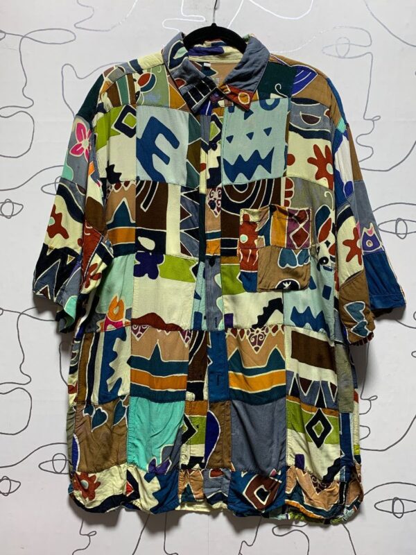 product details: AS-IS 1990S AMAZING FUNKY PATCHWORK SHORT SLEEVE BUTTON UP RAYON SHIRT photo