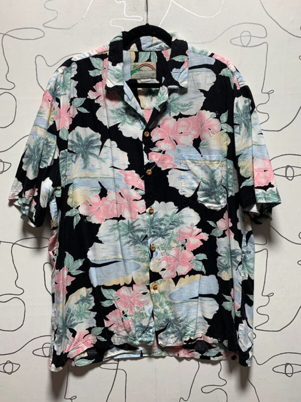 product details: CLASSIC PASTEL COLOR-WAY FLORAL TROPICAL PRINT RAYON HAWAIIAN SHIRT WOOD BUTTONS photo