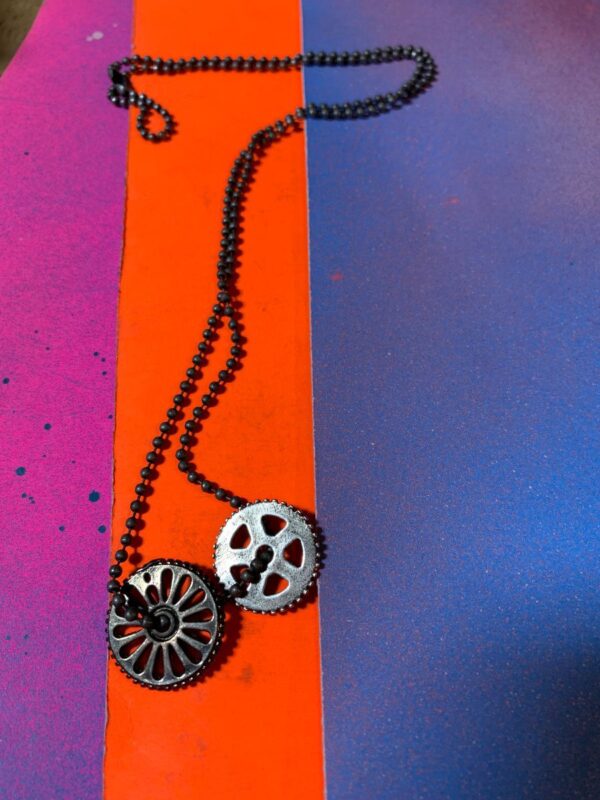 product details: LONG BEADED METAL NECKLACE W/ BIKE GEAR CHARMS photo