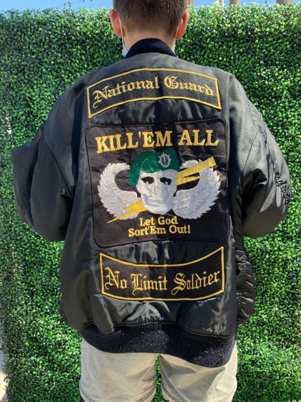 product details: AS-IS FORT JACKSON U.S. ARMY NATIONAL GUARD BOMBER JACKET EMBROIDERY & PATCHES photo