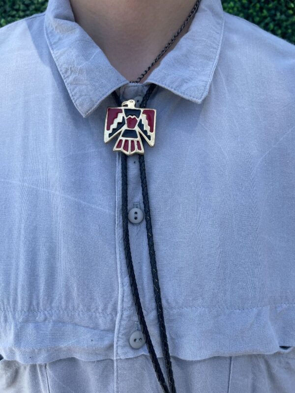 product details: AS-IS RAD 1990S ENAMEL THUNDERBIRD NATIVE AMERICAN STYLE BOLO TIE photo