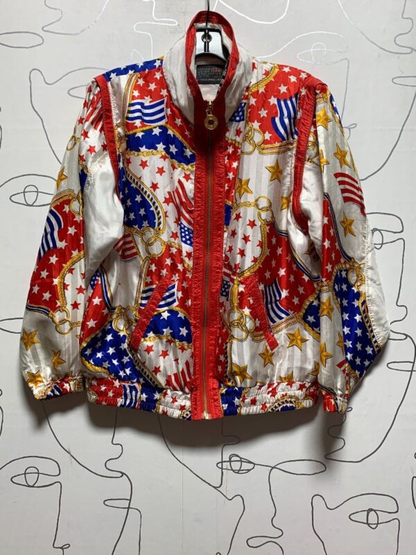 product details: 1980S SILKY ALLOVER  PATRIOTIC & CHAIN PRINT BAROQUE WINDBREAKER JACKET REMOVABLE SHOULDER PADS photo