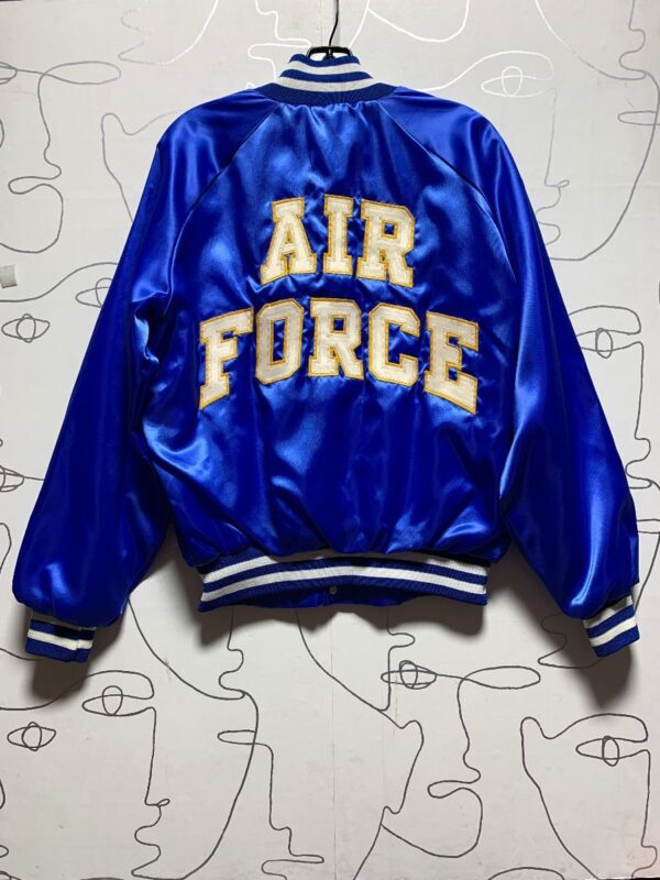 product details: RAD EMBROIDERED STITCHED LETTERING AIR FORCE BACK GRAPHIC SATIN BOMBER JACKET photo