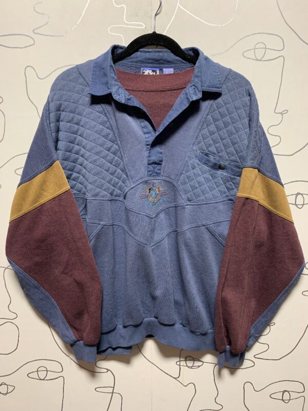 product details: LAYERED COLOR BLOCK, QUILTED PANEL AND EMBROIDERED QUARTER BUTTON COLLARED SWEATSHIRT photo