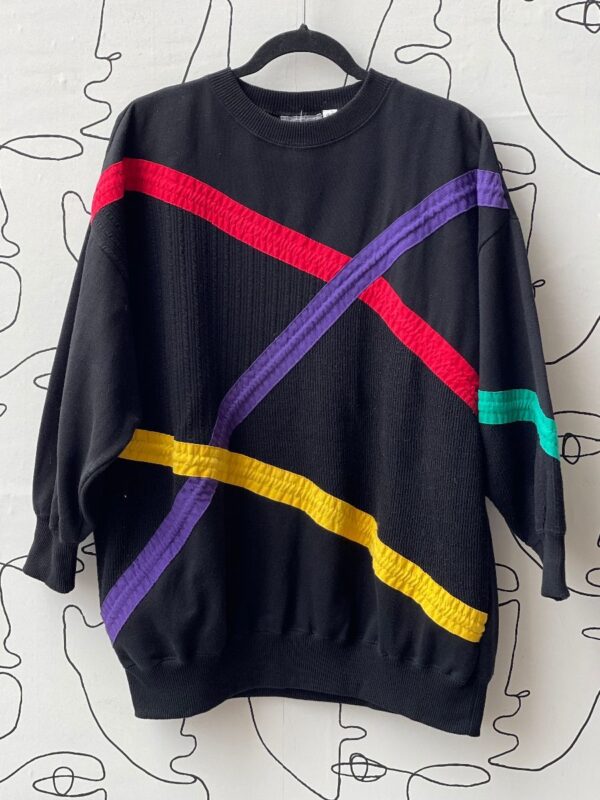 product details: 8-30 COLORFUL CROSS STRIPED RIBBED LONG SLEEVE CREW NECK SWEATSHIRT photo