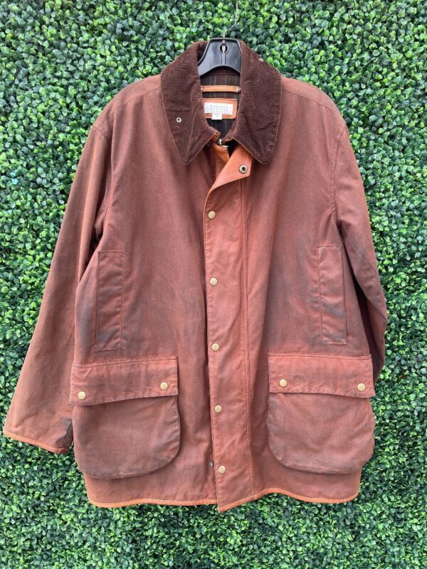 product details: GORGEOUS 1990S BARNEYS NEW YORK WAXED CANVAS & LEATHER TRIM MULTI POCKET UTILITY COAT FULLY LINED photo