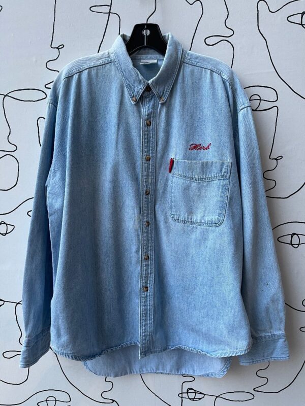 product details: 7-12 AS IS - LOONEY TUNES EMBROIDERED HERB DENIM LONG SLEEVE BUTTON UP SHIRT photo