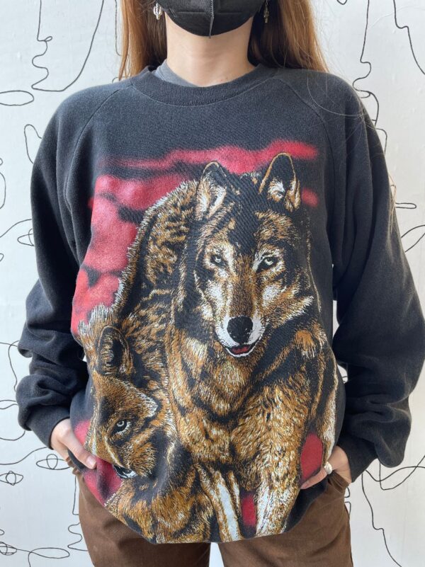 product details: RAD LARGE DOUBLE WOLF GRAPHIC ILLUSTRATION CREW NECK SWEATSHIRT photo