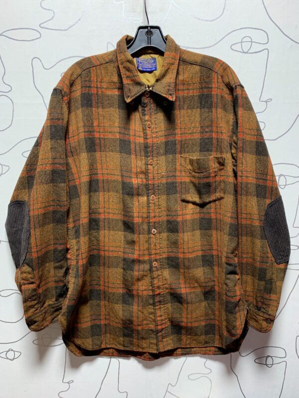 product details: AS-IS DISTRESSED PENDLETON WOOL LONG-SLEEVE BUTTON UP SHIRT HERRINGBONE WOOL ELBOW PATCHES photo