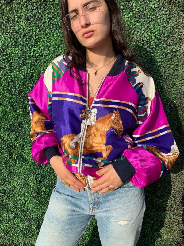 product details: SILKY BAROQUE PRINT EQUESTRIAN BOMBER JACKET photo