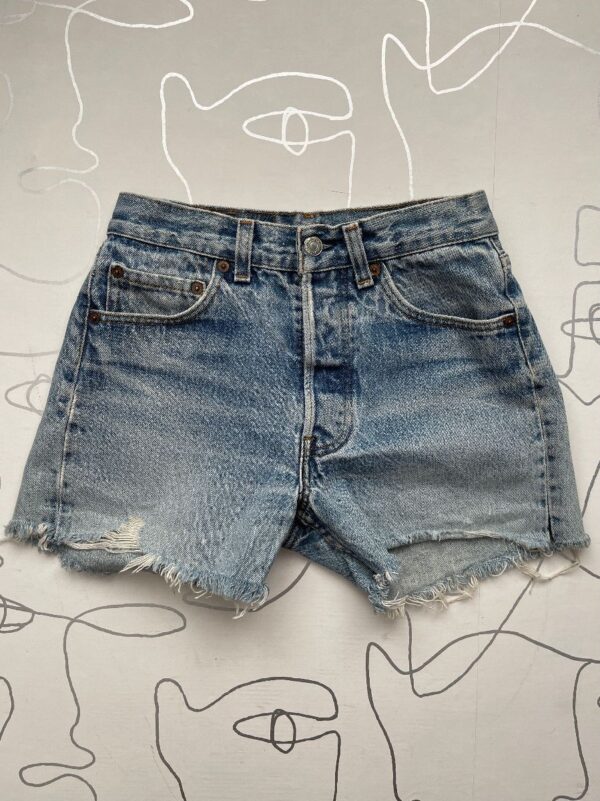 product details: AS IS - DISTRESSED PERFECT LIGHT WASH DENIM CUT OFF SHORTS BUTTON FLY photo