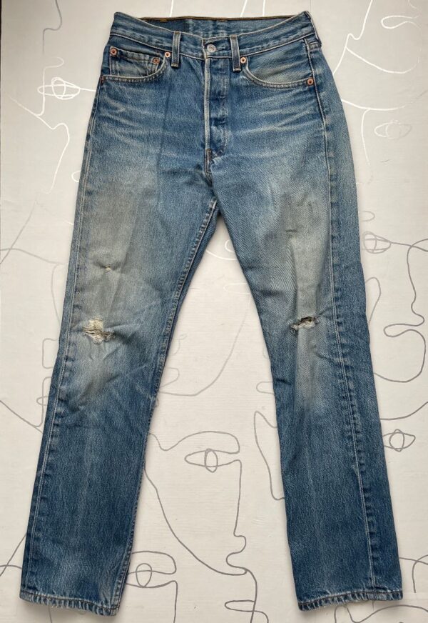 product details: AS IS 501XX DISTRESSED PERFECT MEDIUM WASH BUTTON FLY JEANS - MADE IN MEXICO photo