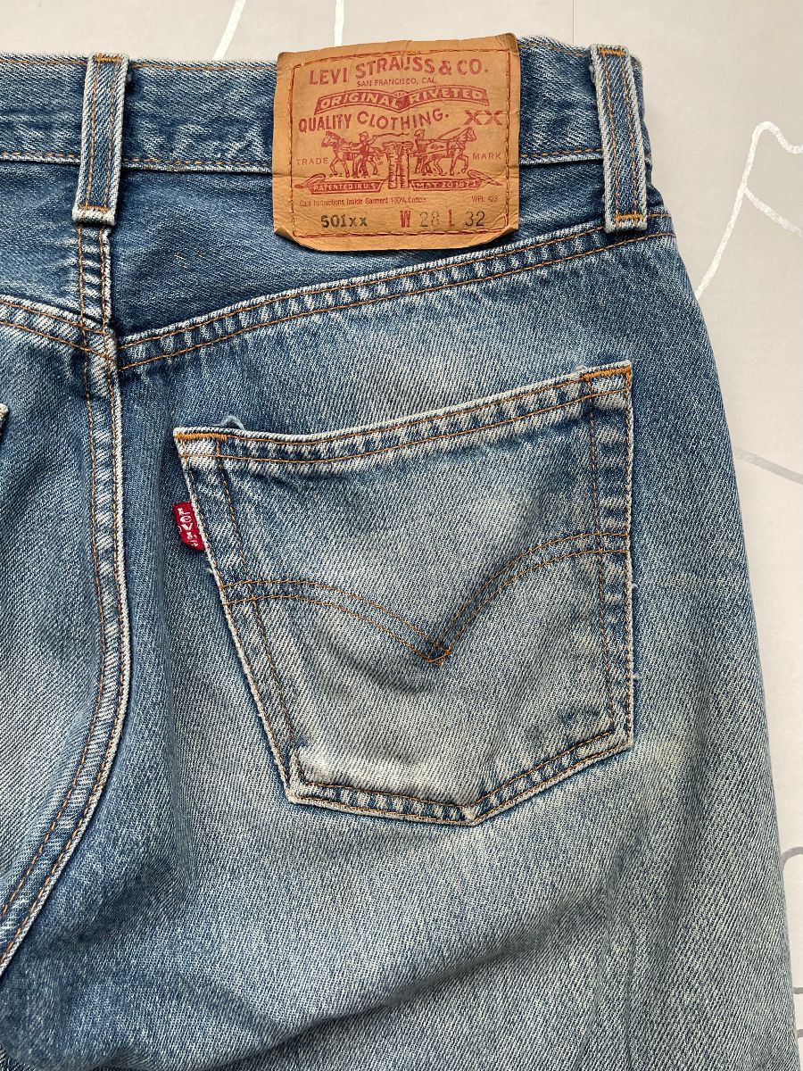 As Is 501xx Distressed Perfect Medium Wash Button Fly Jeans – Made In Mexico  | Boardwalk Vintage