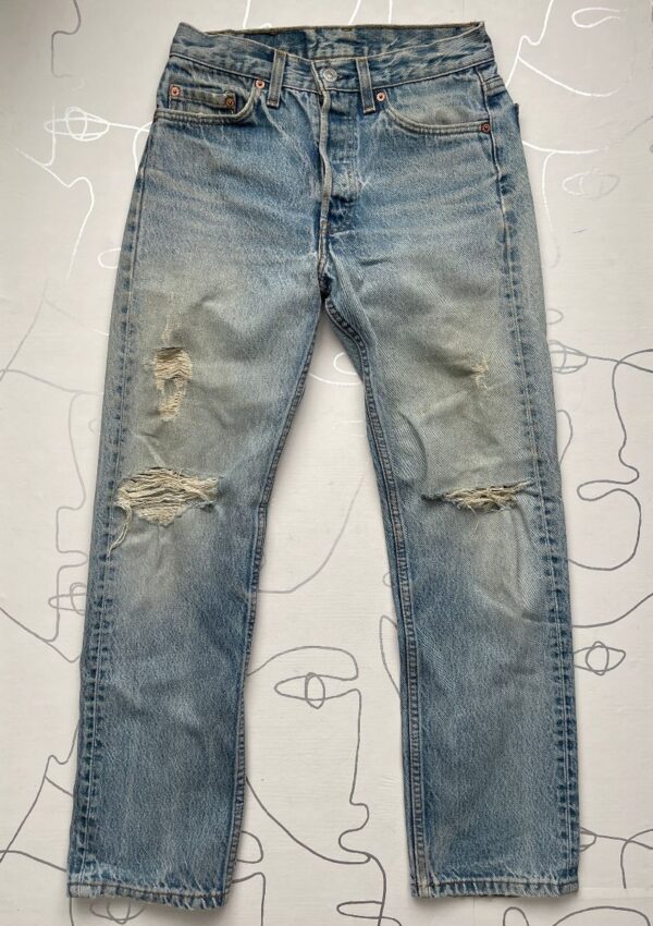 product details: RAD! 501XX DISTRESSED LIGHT WASH STRAIGHT LEG JEANS - BUTTON FLY photo