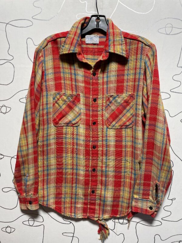 product details: AS IS - SUPER RAD HEAVILY DISTRESSED PLAID LONG SLEEVE BUTTON UP FLANNEL photo