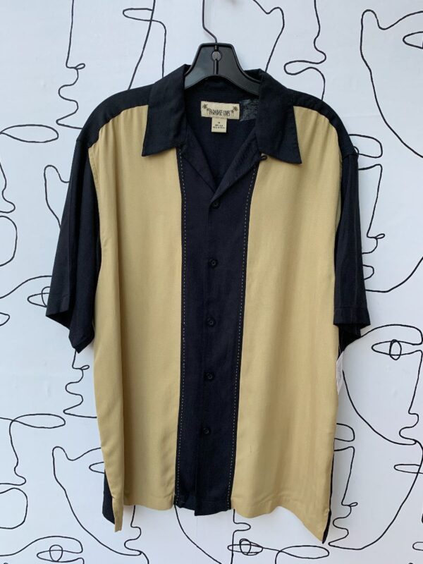 product details: 100% SILK CONTRAST STITCH PANELED BOWLING STYLE SHORT SLEEVE BUTTON UP SHIRT photo