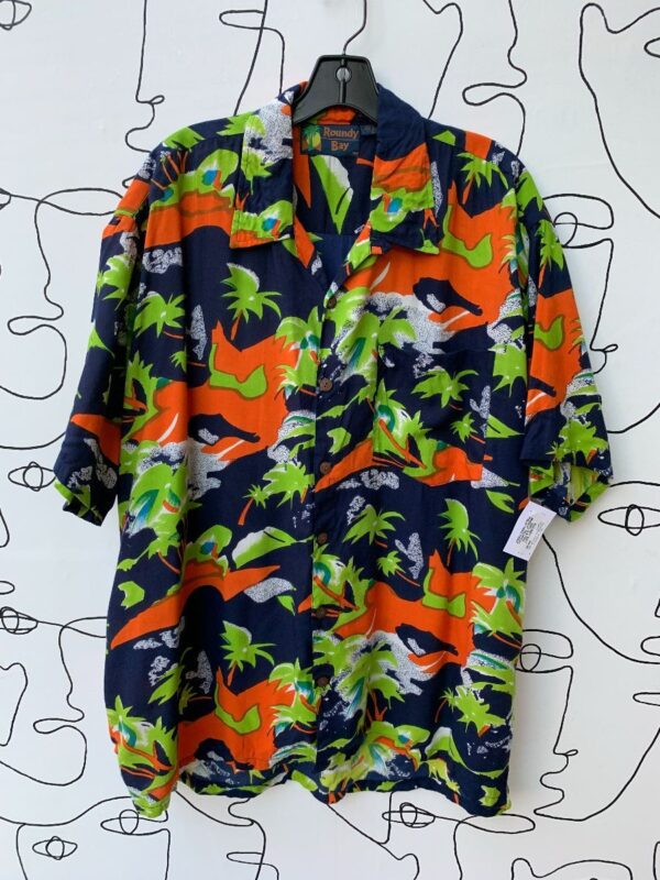 product details: 100% RAYON BRIGHT TROPICAL PALM TREE PRINT SHORT SLEEVE BUTTON UP SHIRT photo