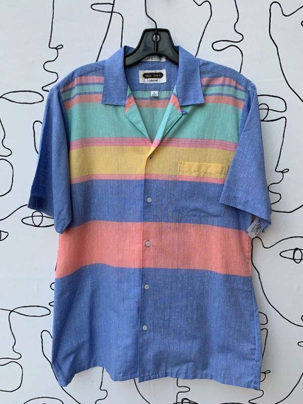 product details: THIN SHEER HORIZONTAL PASTEL STRIPED SHORT SLEEVE BUTTON UP SHIRT photo