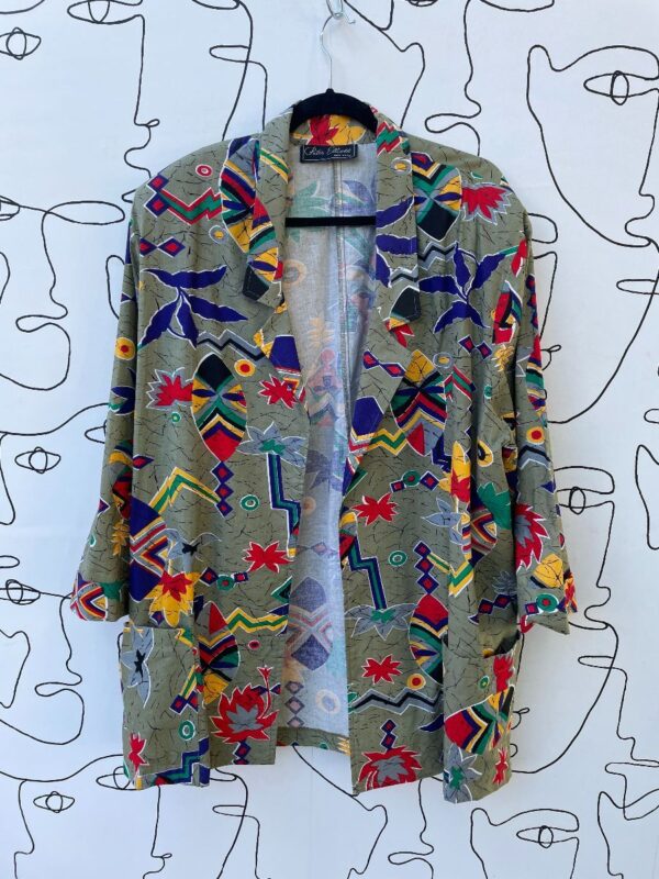 product details: FUNKY GEOMETRIC TIKI PRINT COLLARED OPEN FRONT LONG SLEEVE COTTON BLAZER JACKET photo