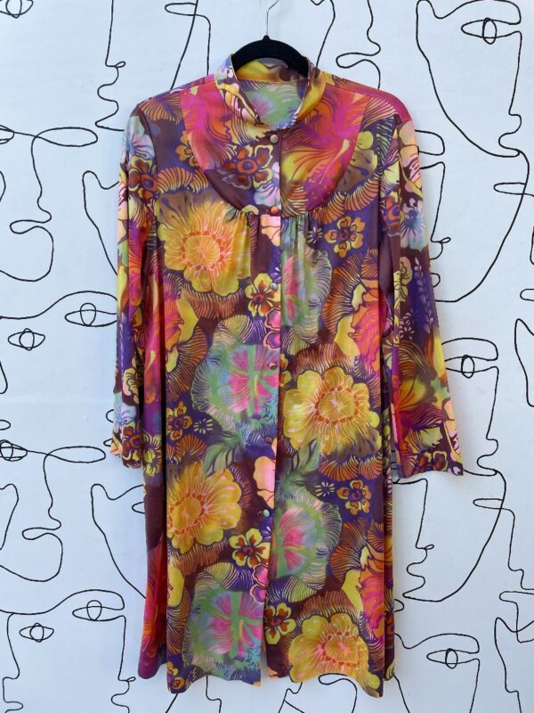product details: SUPER SOFT SHEER LIGHTWEIGHT MULTI-COLORED TROPICAL HIBISCUS PRINT LONG SLEEVE BUTTON DOWN DRESS photo