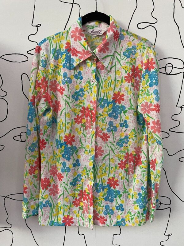 product details: LATE1960S EARLY 1970S SHEER ALL OVER FLORAL PASTEL FLORAL PRINT LONG SLEEVE BUTTON UP BLOUSE photo