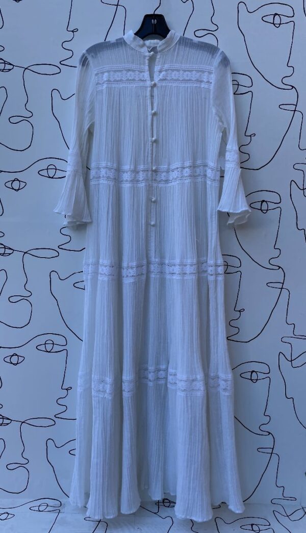 product details: 1970S VINTAGE PLEATED GAUZE FLORAL LACE THIN SHEER FLARE SLEEVE BUTTON UP PRAIRIE DRESS photo