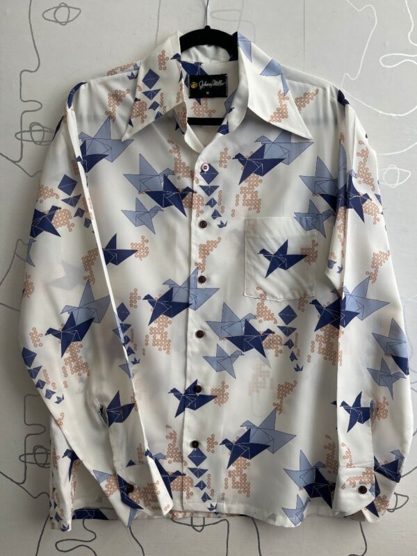 product details: 1970S POLYESTER CRANE PAPER ORIGAMI PRINT LONG SLEEVE BUTTON UP SHIRT photo