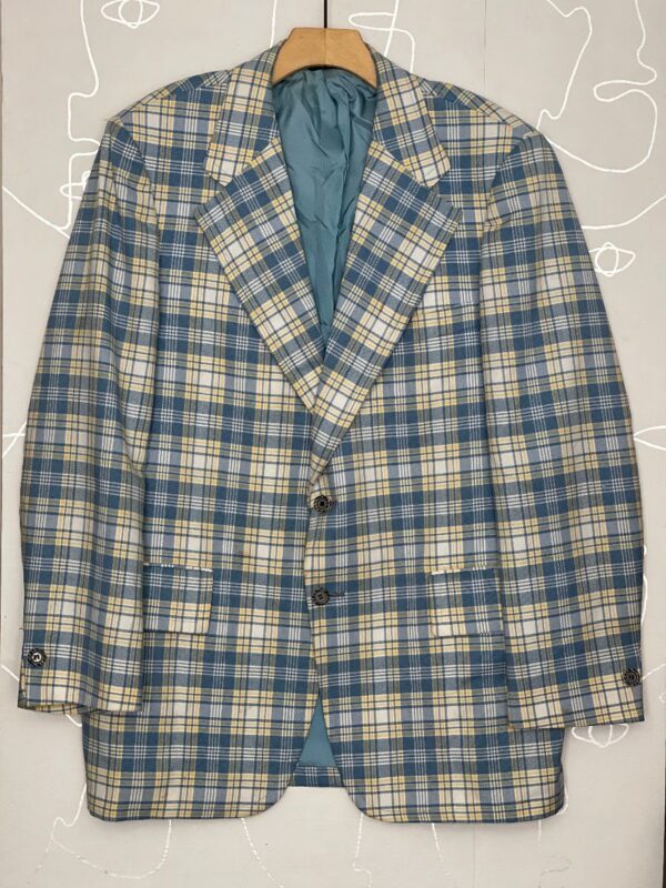 product details: AS IS - RETRO 1970S BABY BLUE PLAID BLAZER JACKET W/ TEXTURED BUTTONS photo