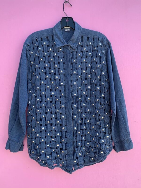 product details: DENIM LATTICE STUDDED BUTTON UP LONG SLEEVE BLOUSE AS-IS photo