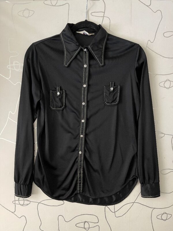product details: 1960S LIGHTWEIGHT CONTRAST STITCH MINI POCKET LONG SLEEVE SHEER BUTTON UP BLOUSE photo