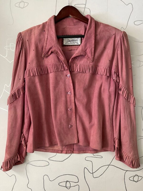 product details: AS IS - MINI TRIANGLE CUT OUT DESIGN FULLY SUEDE FRINGE BUTTON UP JACKET photo