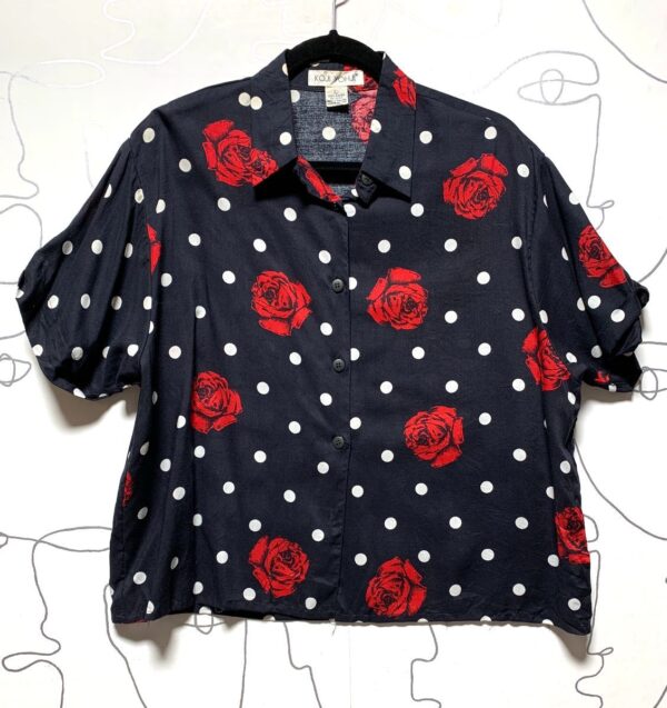 product details: CROPPED 1990S ROSES & POLKA DOT PRINT RAYON BUTTON UP SHORT SLEEVE BLOUSE photo