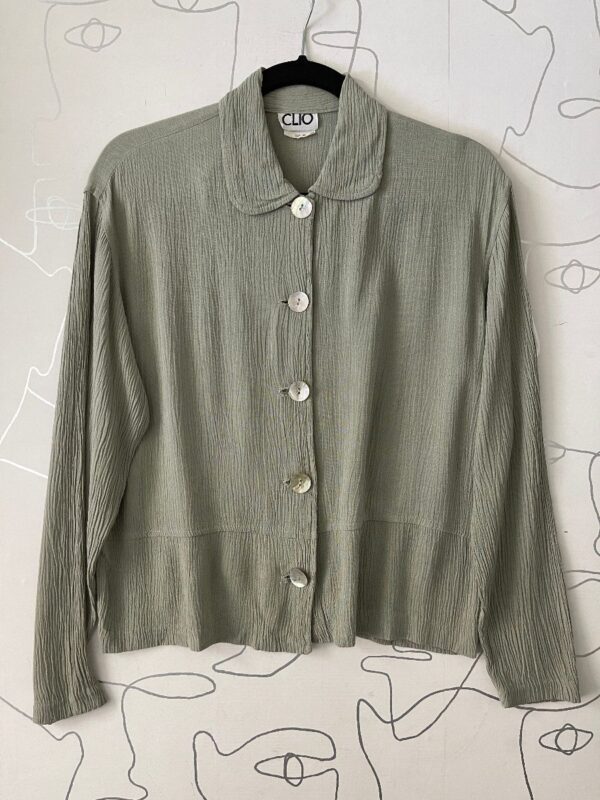 product details: SOLID RUFFLED LONG SLEEVE BUTTON UP BLOUSE W/ SHELL BUTTONS photo