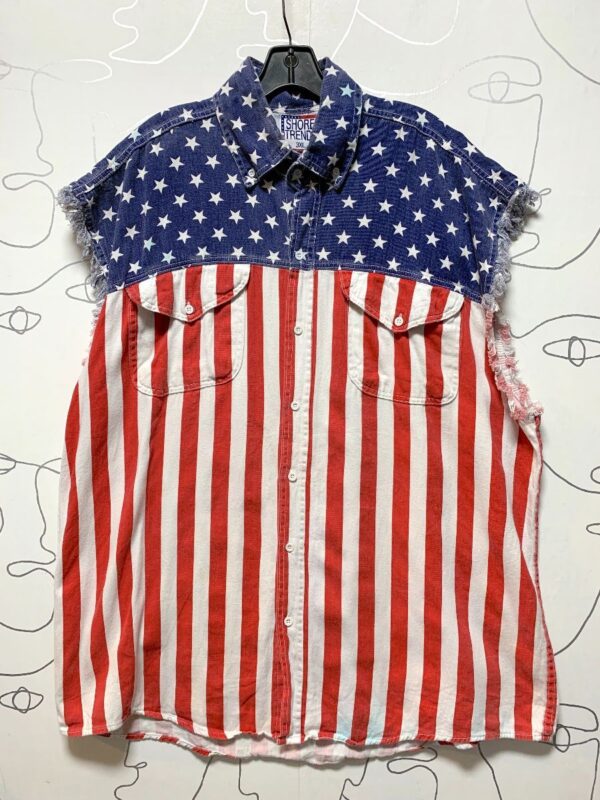 product details: FUN OVERSIZED AMERICAN FLAG FRAYED BUTTON UP SLEEVELESS SHIRT photo