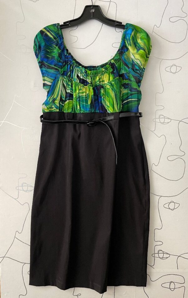 product details: Y2K OFF THE SHOULDER EMPIRE WAIST SPANDEX DRESS W/ SHEER BRIGHT TOP & BELT photo