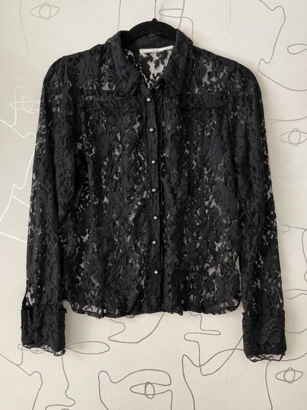 product details: 90S LONG SLEEVE ALL OVER SHEER LACE COLLARED BUTTON UP BLOUSE W/ SILVER PEARL BUTTONS photo
