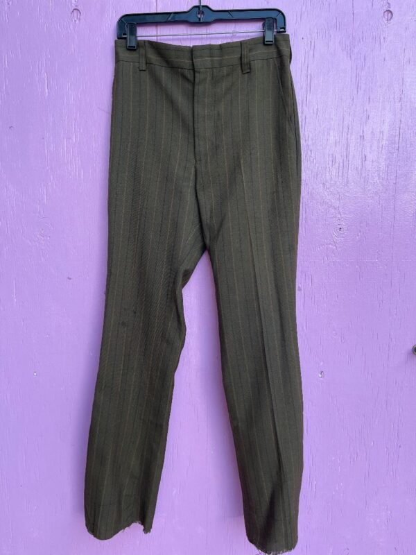 product details: AS IS - PERMA-PREST PINSTRIPED RAW HEM STRAIGHT LEG CROPPED PANTS ALTERED SUEDE INLAY photo